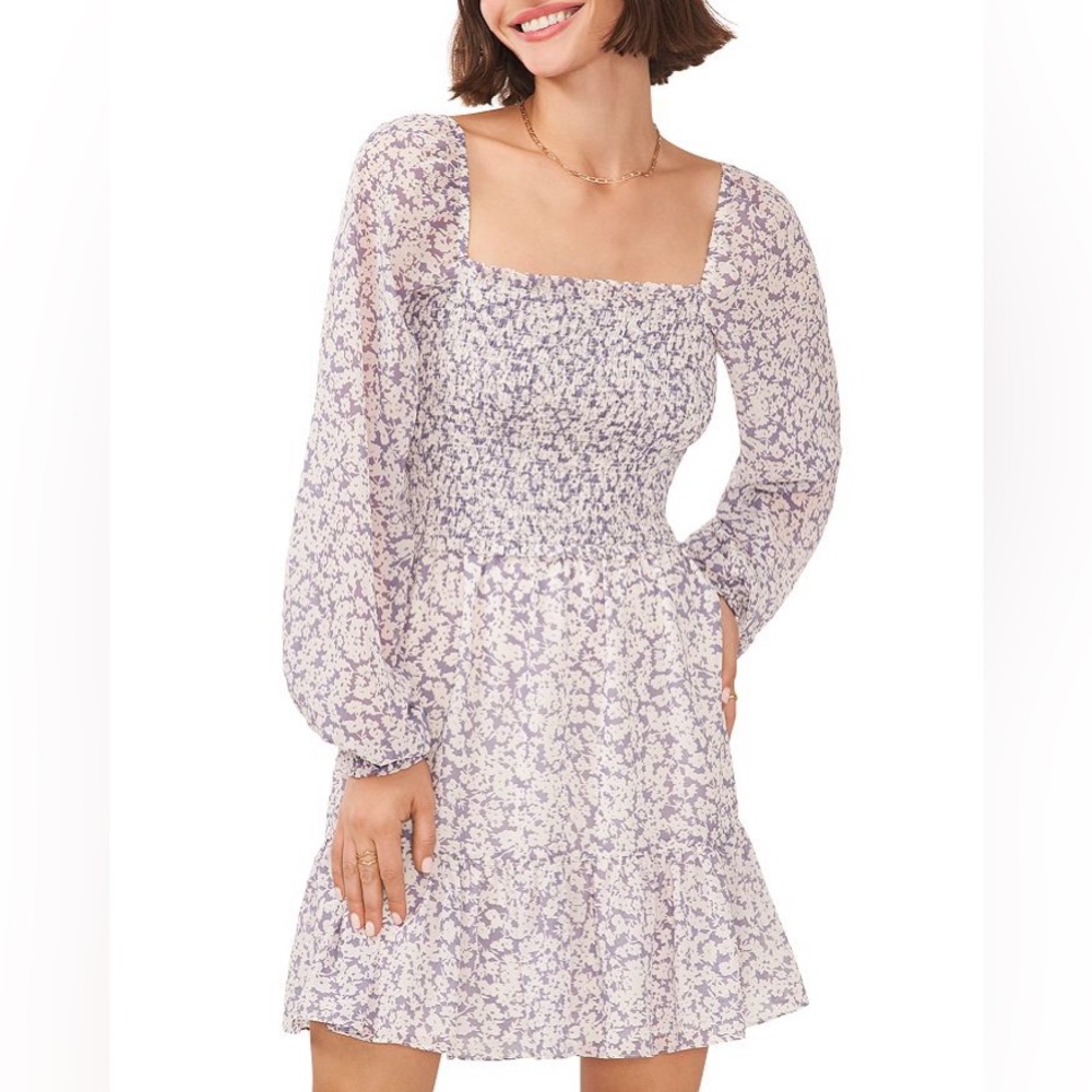 1.state Floral Smocked Bodice Ruffle Hem Long Sleeve Dress